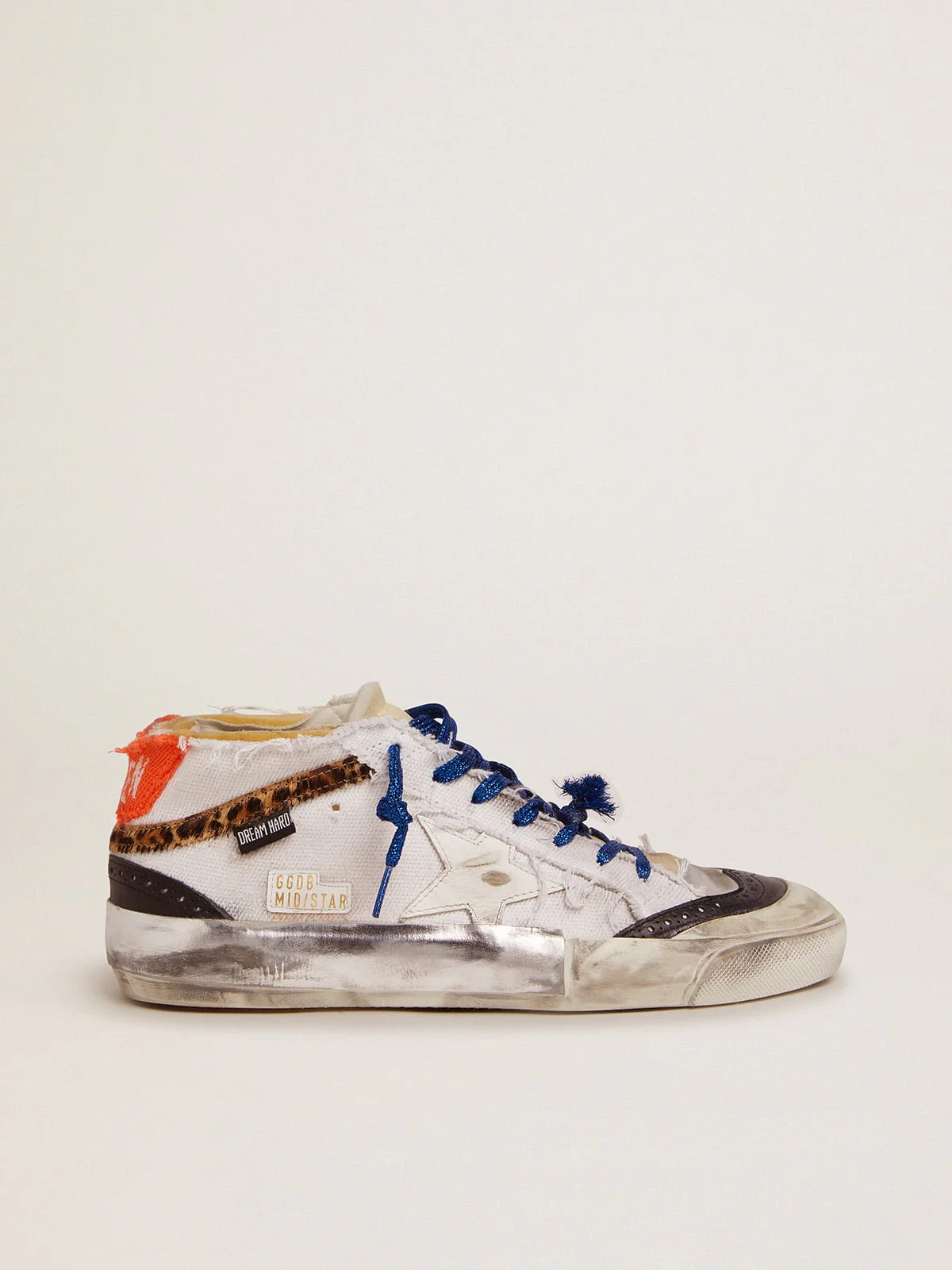 Men | Mid Star Sneakers with White Canvas Upper & Multi-Foxing | White x Silver x Beige Brown Black Leo - Image 7