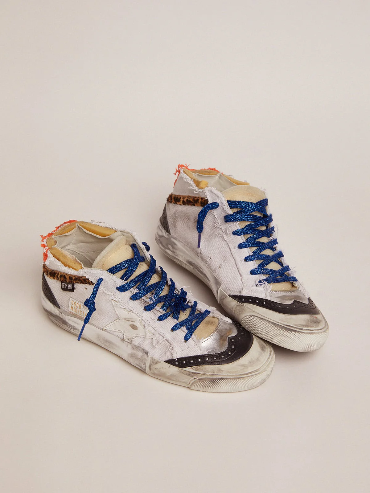 Men | Mid Star Sneakers with White Canvas Upper & Multi-Foxing | White x Silver x Beige Brown Black Leo - Image 9