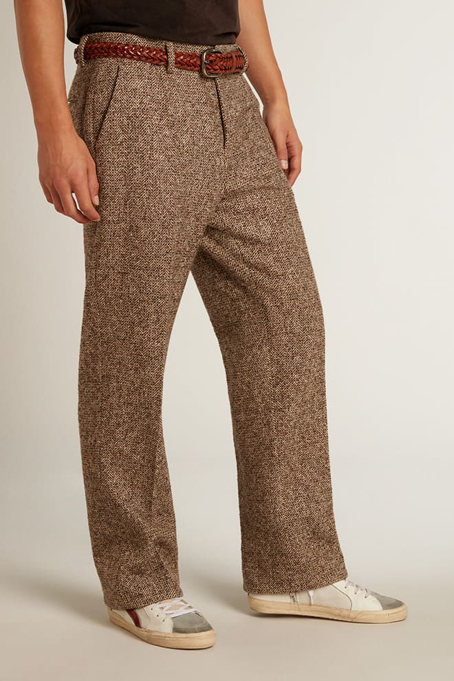 Men | Pants Beige & Brown Wool & Silk Blend Fabric | Beige x Brown x Bluette - Image 2