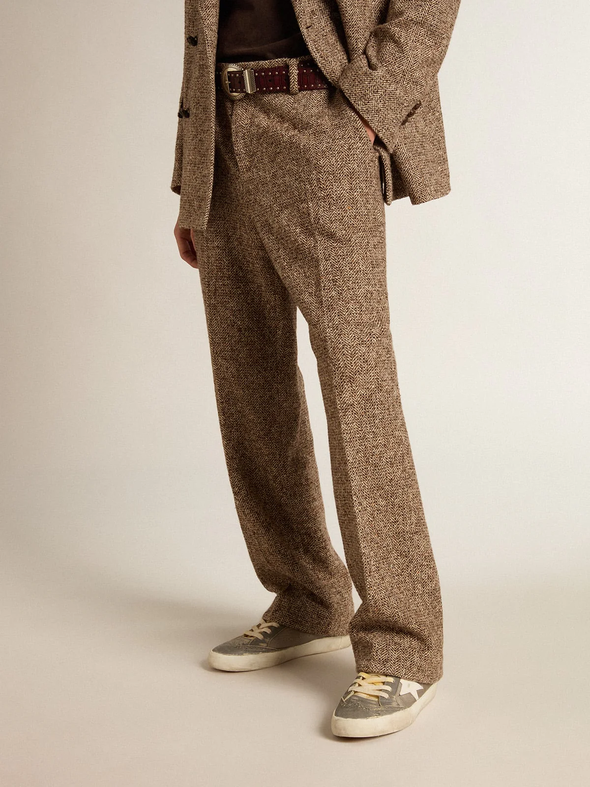 Men | Pants Beige & Brown Wool & Silk Blend Fabric | Beige x Brown x Bluette - Image 5