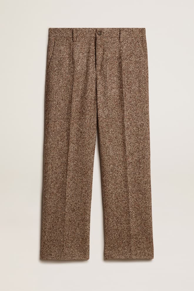 Men | Pants Beige & Brown Wool & Silk Blend Fabric | Beige x Brown x Bluette - Image 6