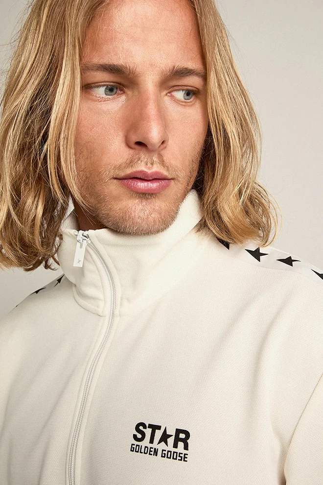Men | Papyrus White Zipped Sweatshirt with Black Stars | Papyrus x Black - Image 7