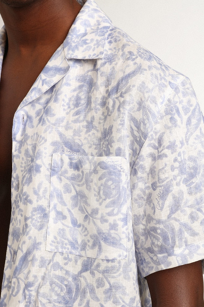 Men | Resort Collection Linen Shirt with Mediterranean Blue Print | Mediterranian Blue - Image 4