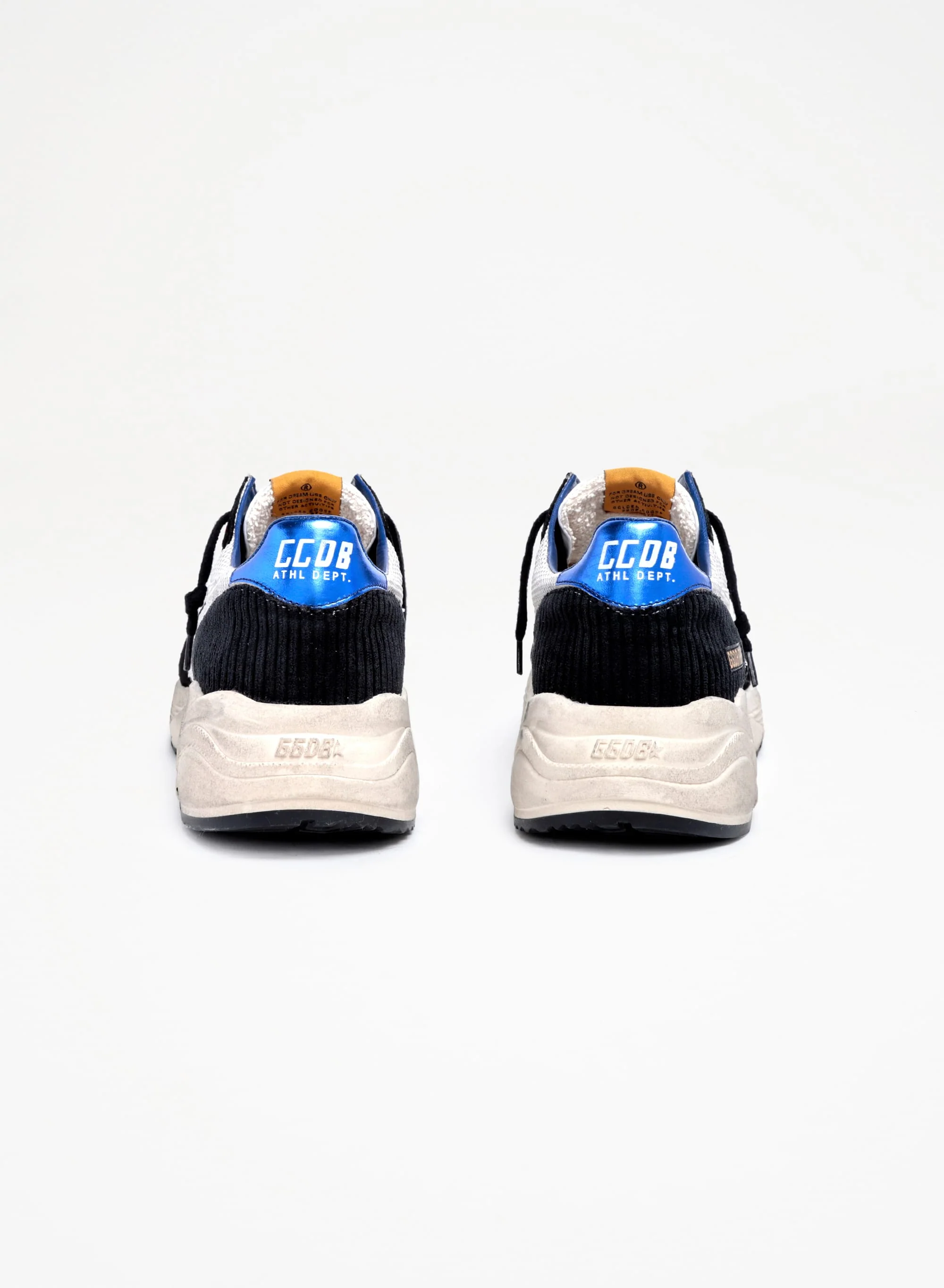 Men | Running Sole Black & White Sneakers with Metallic Blue Heel Tab | White x Black x Blue - Image 8