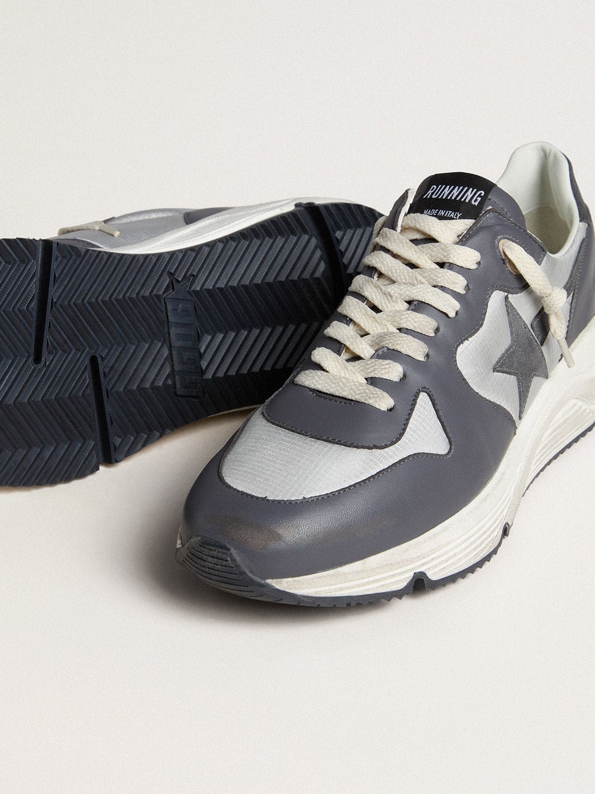 Men | Running Sole Gray Nylon & Black Nappa Leather with A Black Suede Star | Silver x Ebony x Black - Image 2