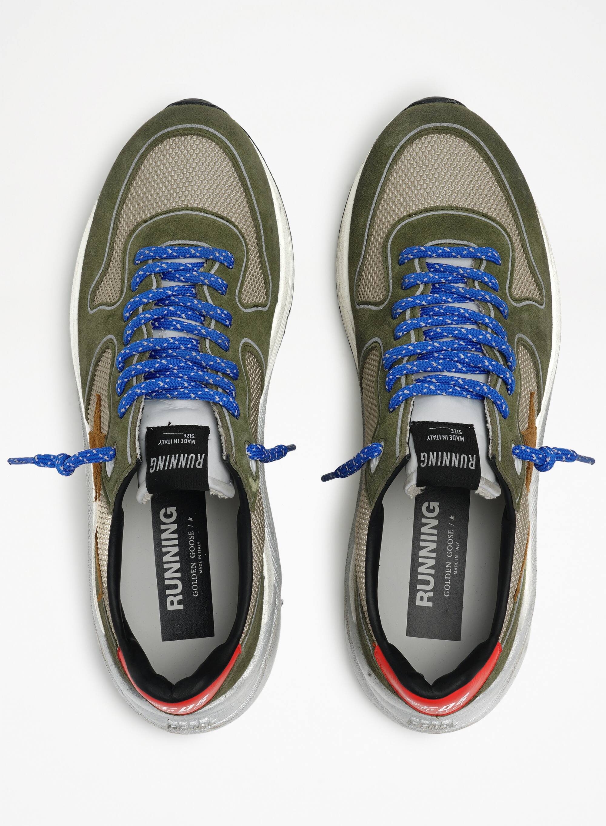 Men | Running Sole Sneakers Net & Suede Upper with Brown Star & Red Leather Heel | Beige x Light Green x Brown x Red - Image 3