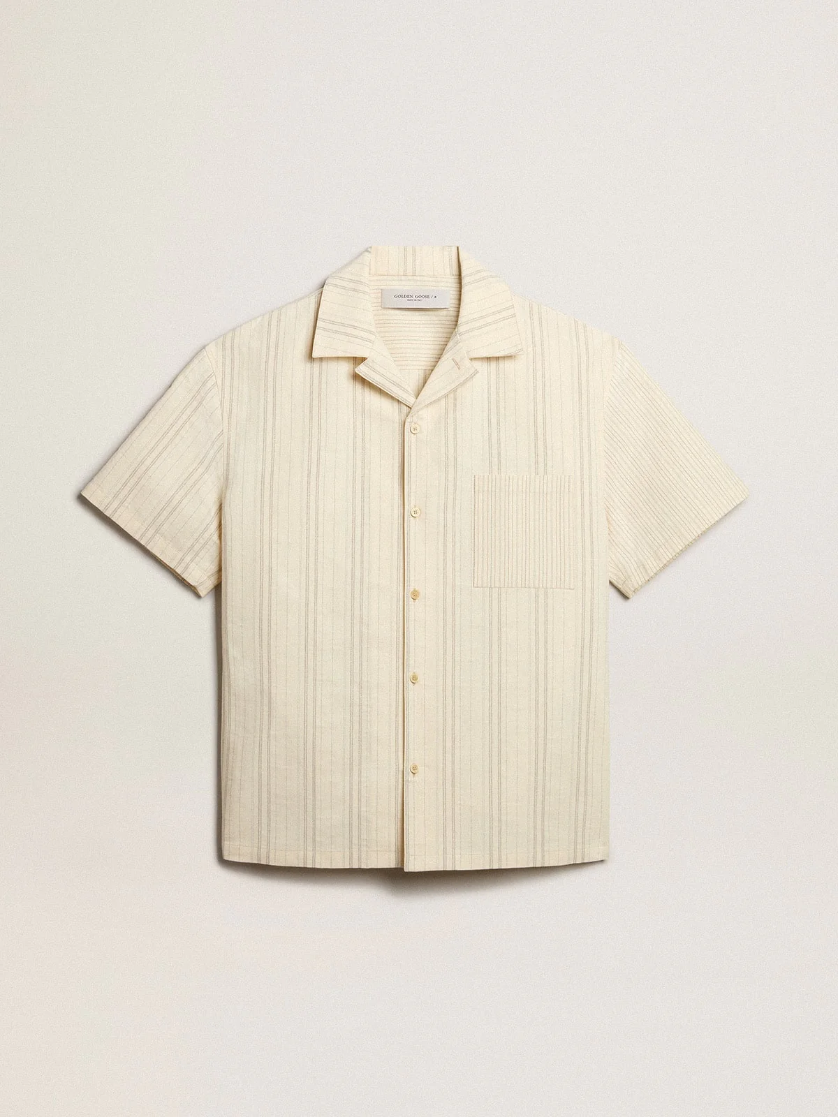 Men | Short-Sleeved Shirt Ecru-Colored Cotton | Ecru x Black x Eclipse - Image 7