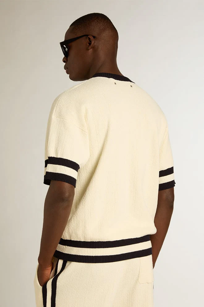 Men | Short-Sleeved Sweater Vintage White with Blue Rib Knit | Antique White x Ink Blue - Image 4