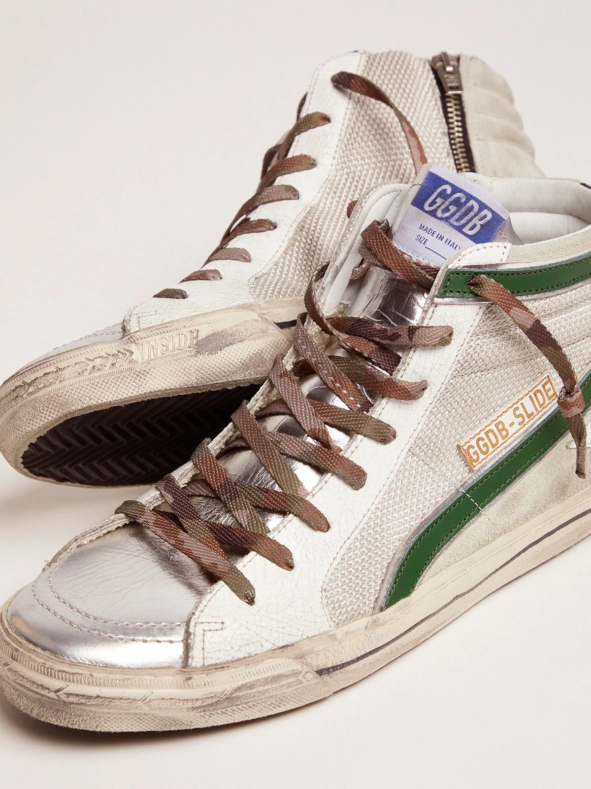 Men | Slide Ltd Sneakers Leather & Mesh with Green Flash | Silver x Ice x White x Green Palm - Image 3