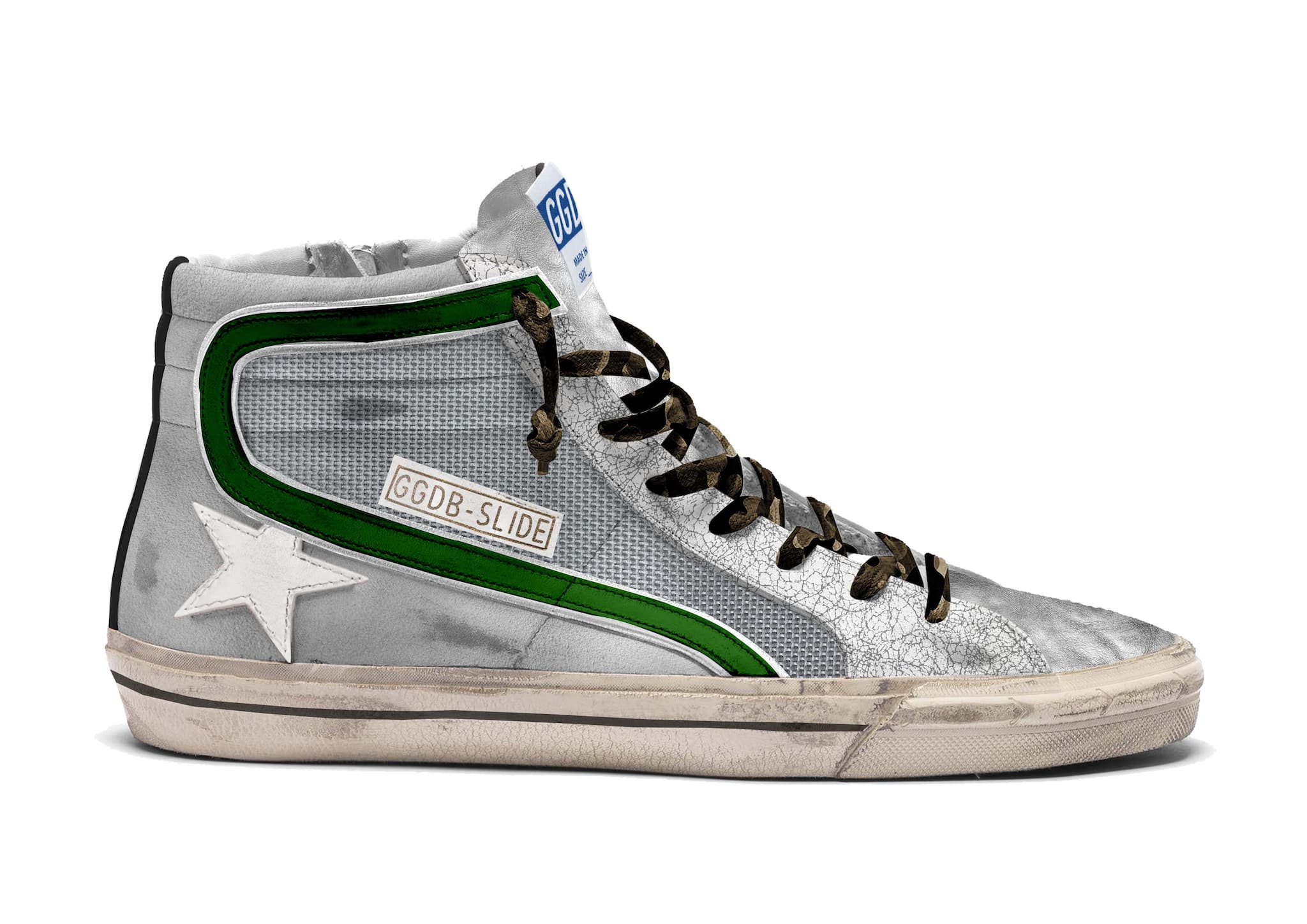 Men | Slide Ltd Sneakers Leather & Mesh with Green Flash | Silver x Ice x White x Green Palm - Image 4