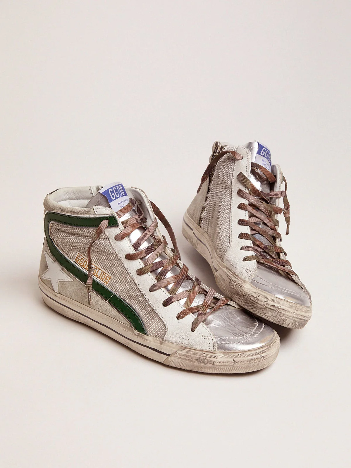 Men | Slide Ltd Sneakers Leather & Mesh with Green Flash | Silver x Ice x White x Green Palm - Image 5