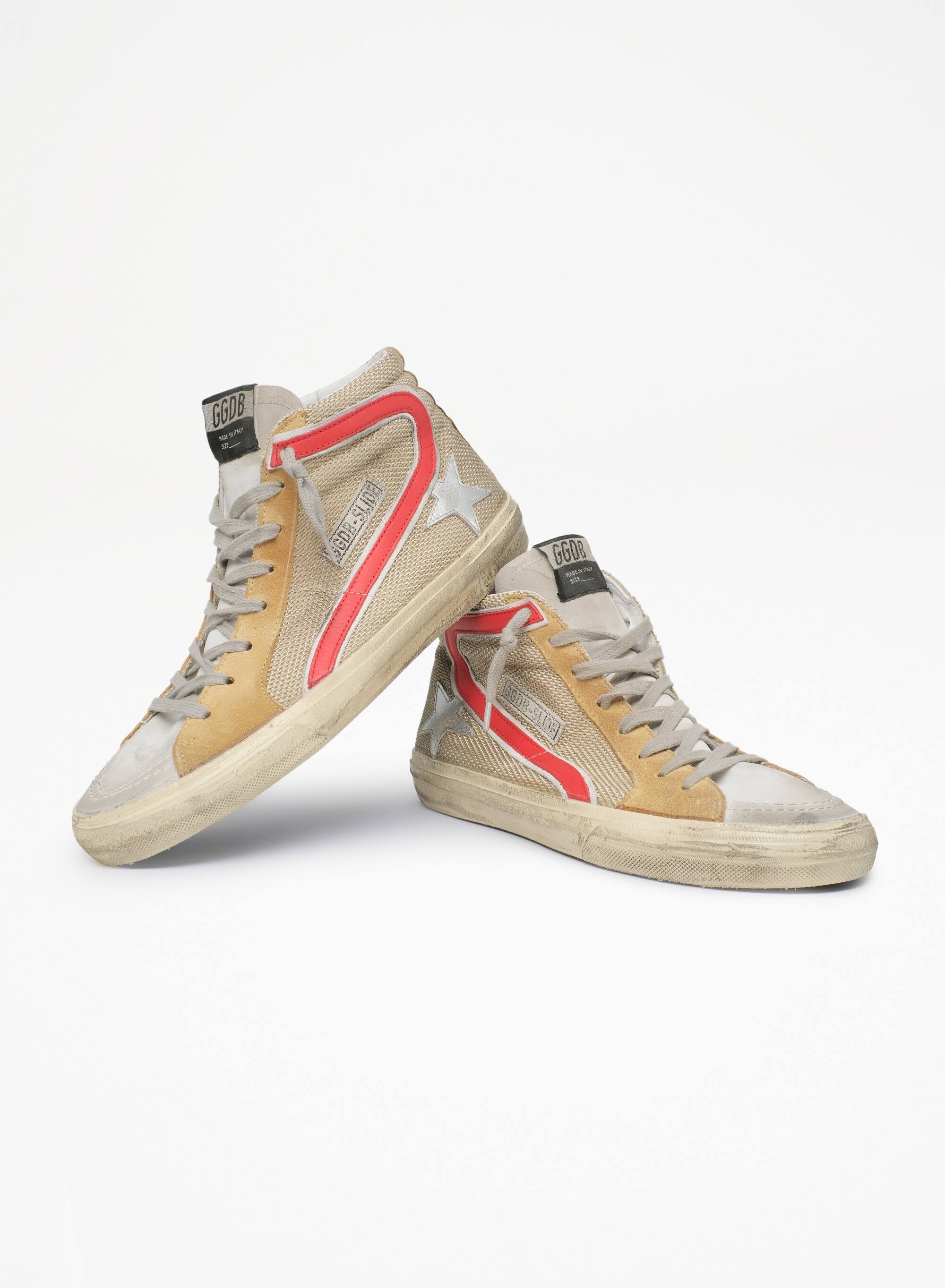 Men | Slide Sneakers Beige Net Upper with Laminated Star & Red Flash | Milk x White x Silver x Red x Sand - Image 2