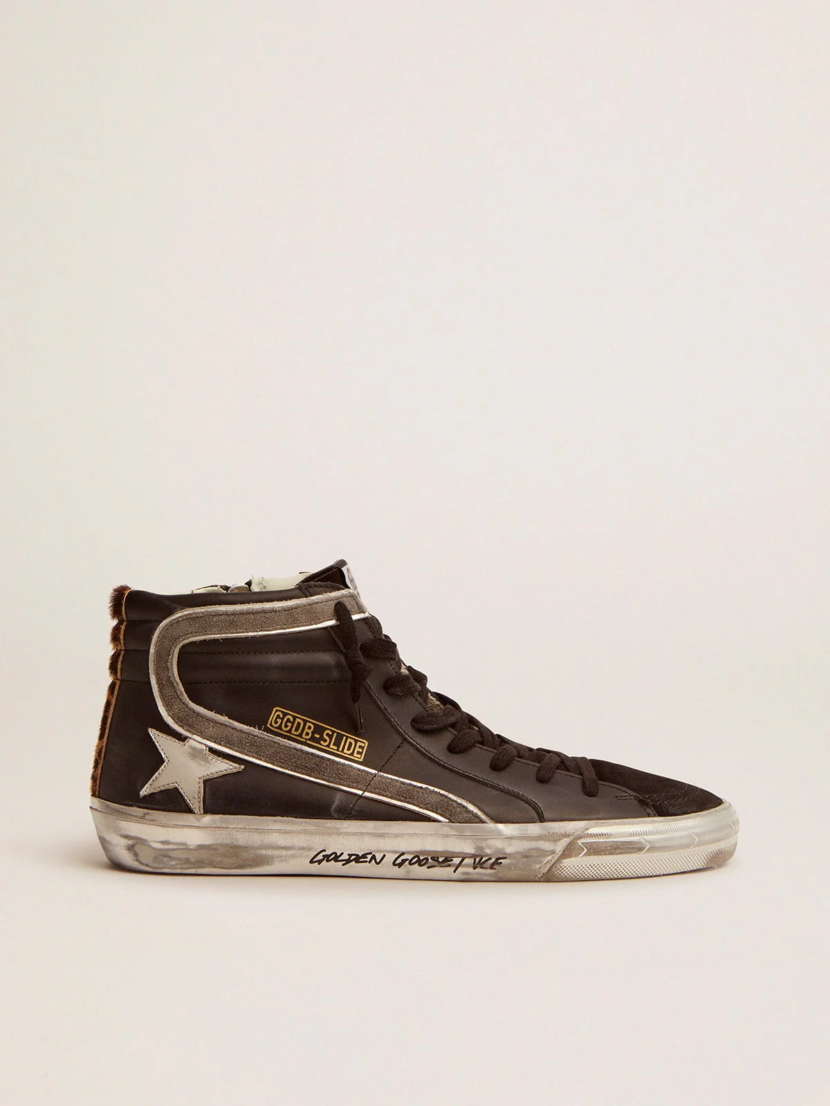 Men | Slide Sneakers Black Leather with Leopard-Print Pony Skin Heel Tab | Black x Silver x Beige Brown Leo - Image 2