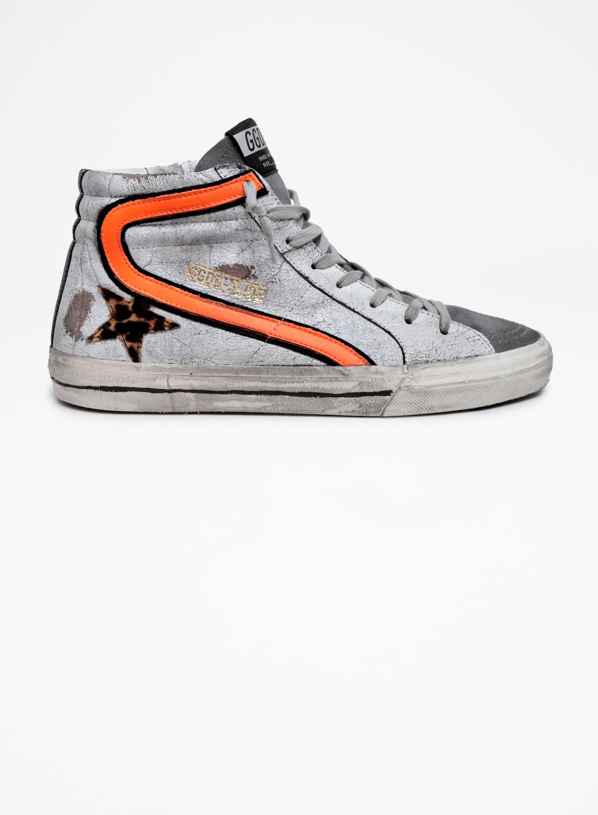 Men | Slide Sneakers Crackled Suede with Leopard-Print Pony Skin Star | White x Beige Brown Leo x Dark Grey x Orange Fluo - Image 2