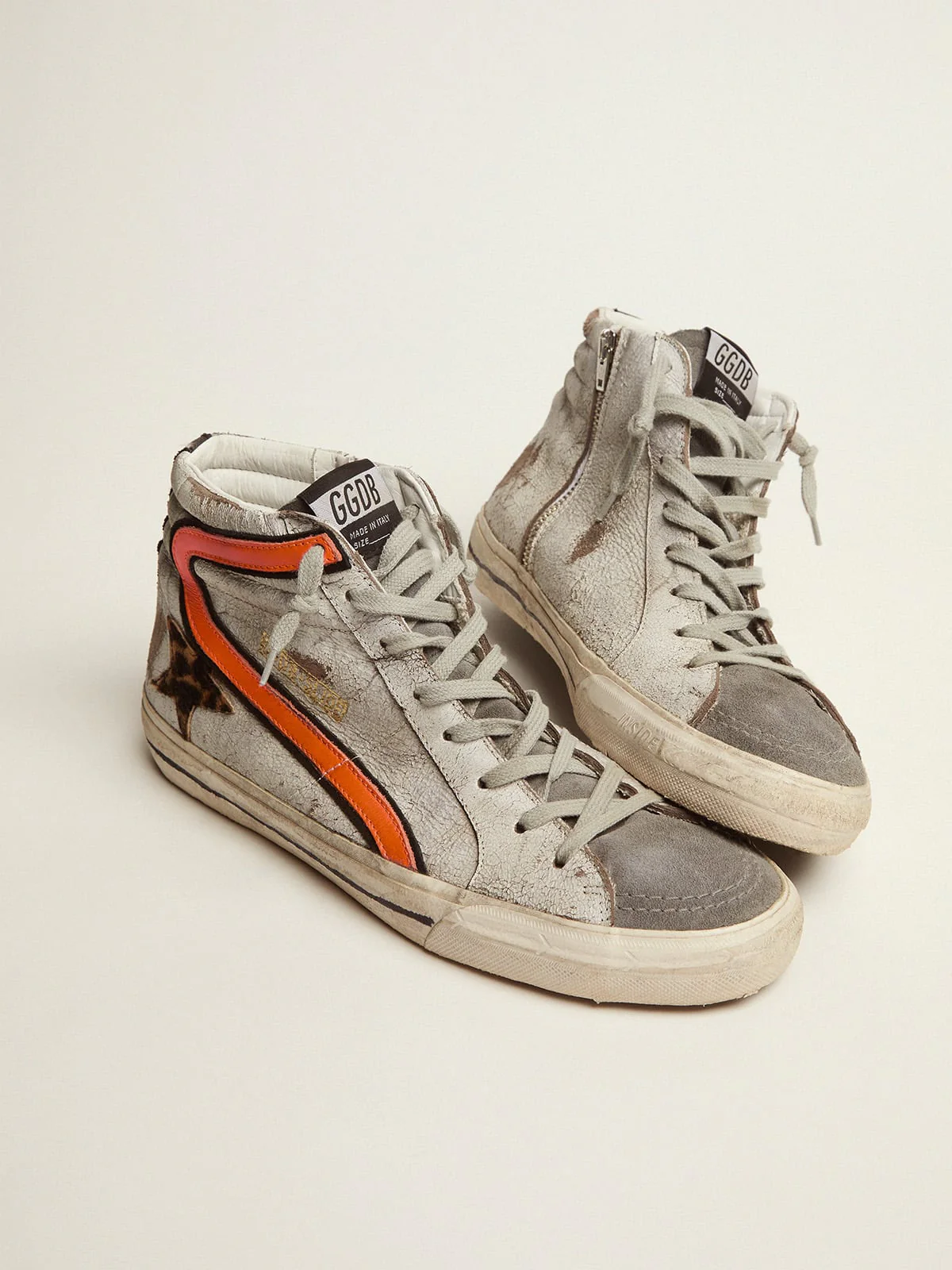 Men | Slide Sneakers Crackled Suede with Leopard-Print Pony Skin Star | White x Beige Brown Leo x Dark Grey x Orange Fluo - Image 6