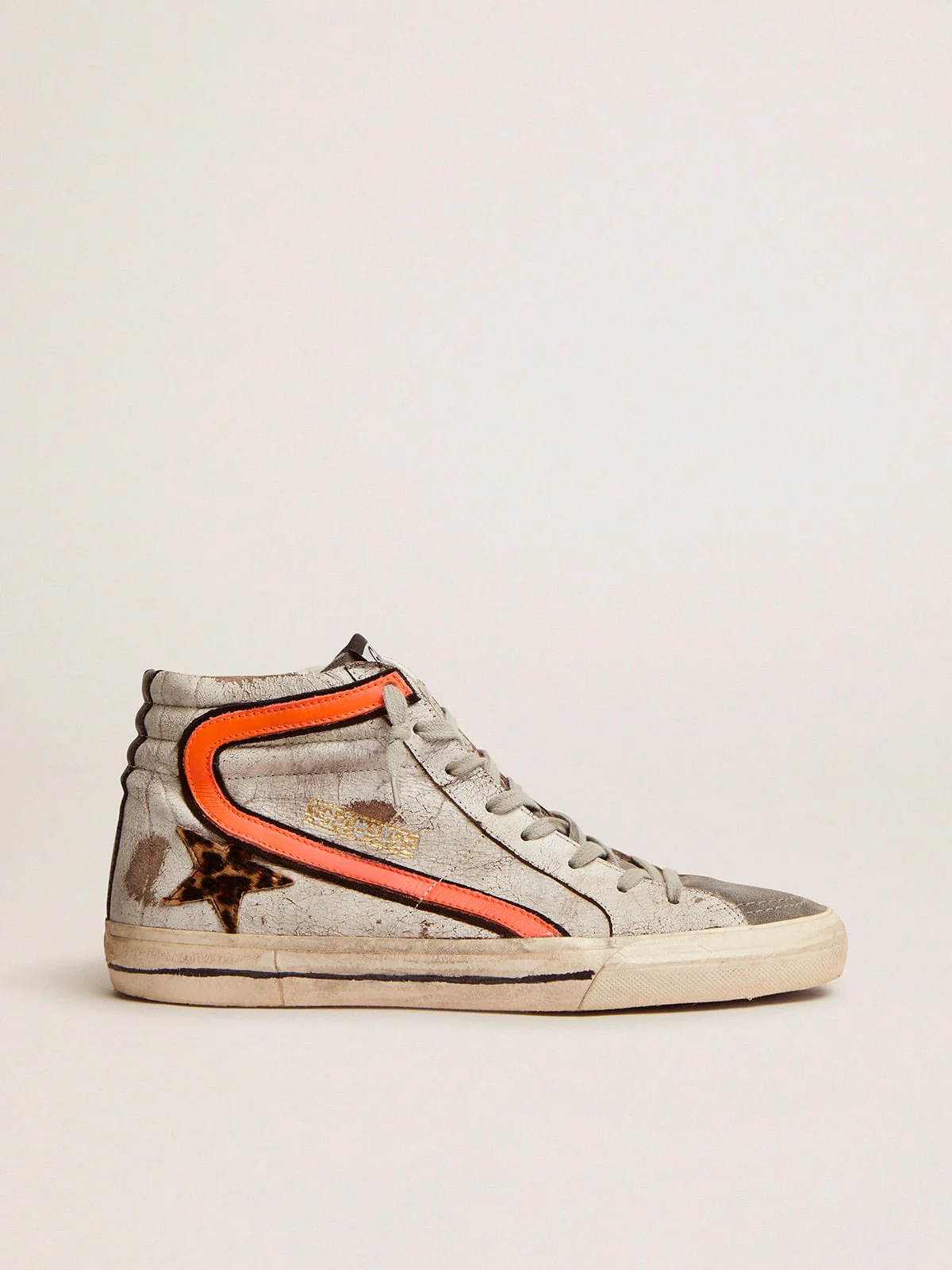 Men | Slide Sneakers Crackled Suede with Leopard-Print Pony Skin Star | White x Beige Brown Leo x Dark Grey x Orange Fluo - Image 7