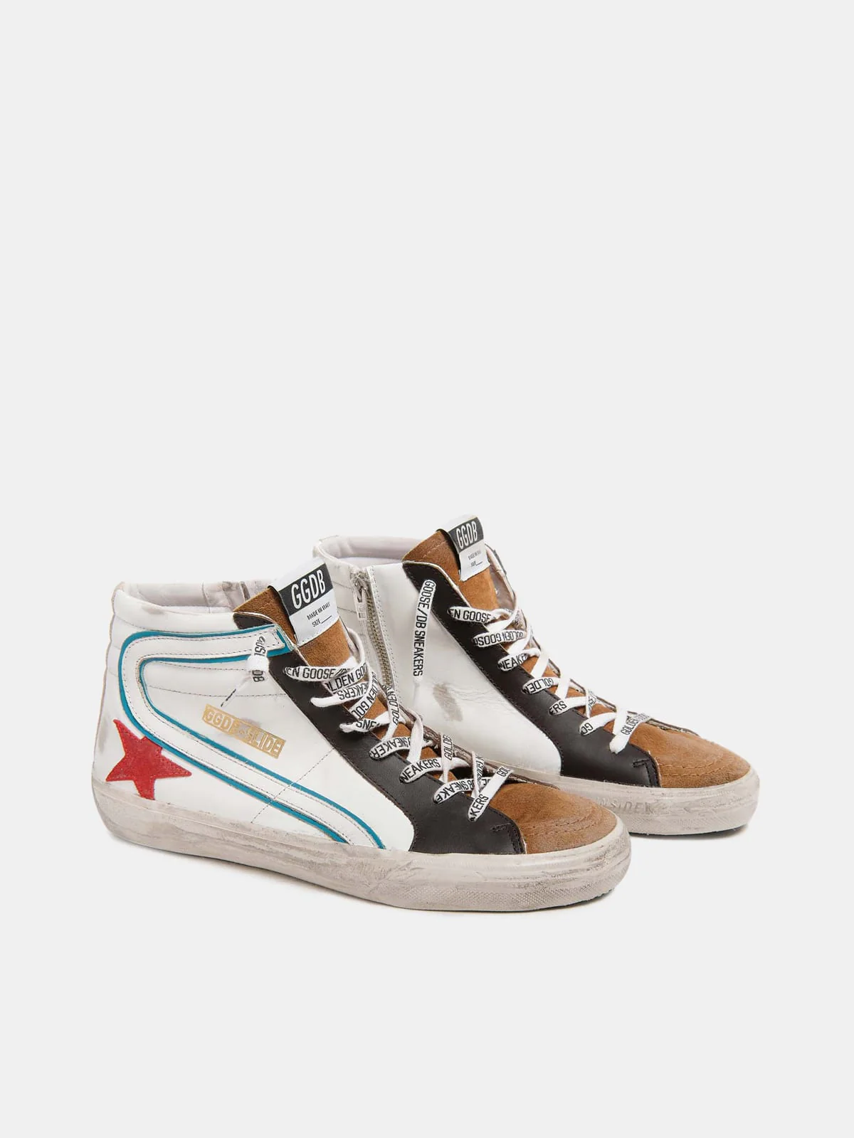 Men | Slide Sneakers White Leather with Suede Tongue & Red Star | White x Elk Brown x Ruby x Platinum - Image 5