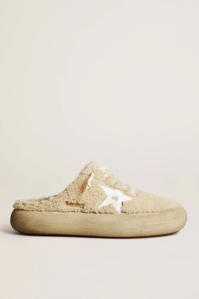 Men | Space-Star Sabots Beige Shearling with White Leather Star | Beige x White - Image 7