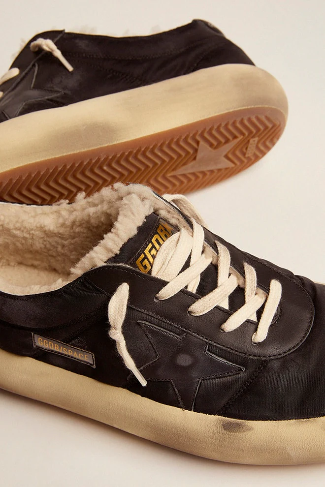 Men | Space-Star Shoes Quilted Black Nylon with Shearling Lining | Black - Image 5