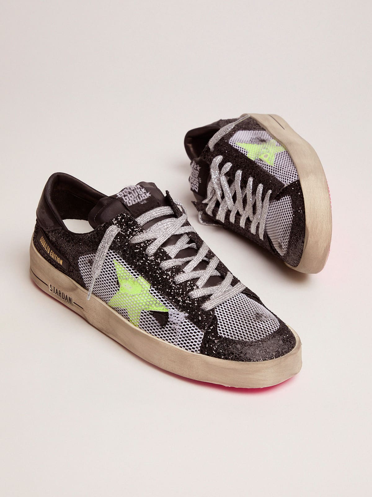 Men | Stardan Sneakers with Glittery Upper, Fluorescent Star & Mesh Inserts | Black x Yellow Fluo - Image 2