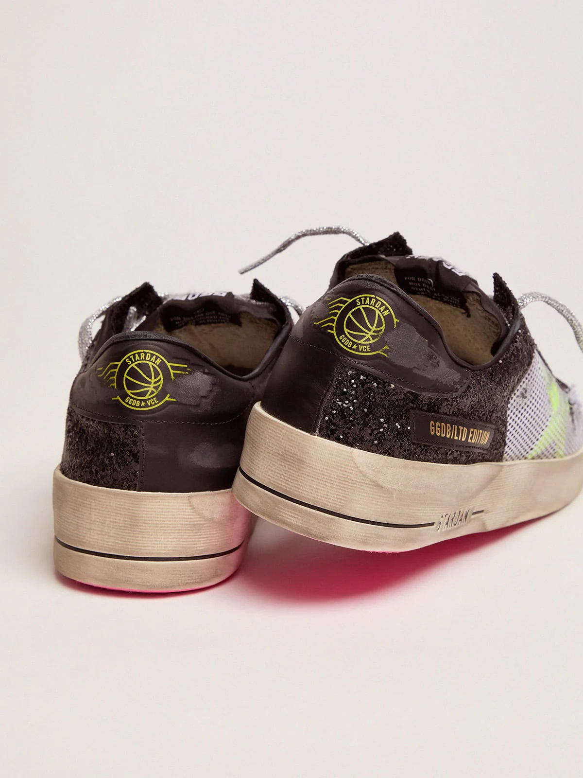 Men | Stardan Sneakers with Glittery Upper, Fluorescent Star & Mesh Inserts | Black x Yellow Fluo - Image 5