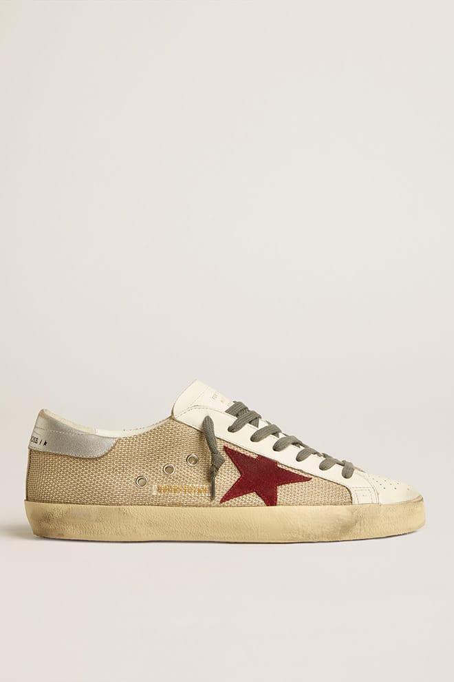Men | Super-Star Beige Mesh with A Red Suede Star & Silver Heel Tab | Beige x White x Dark Red x Silver - Image 4
