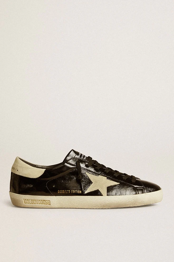 Men | Super-Star Black Patent Leather with Suede Star & Heel Tab | Black x Beige - Image 4