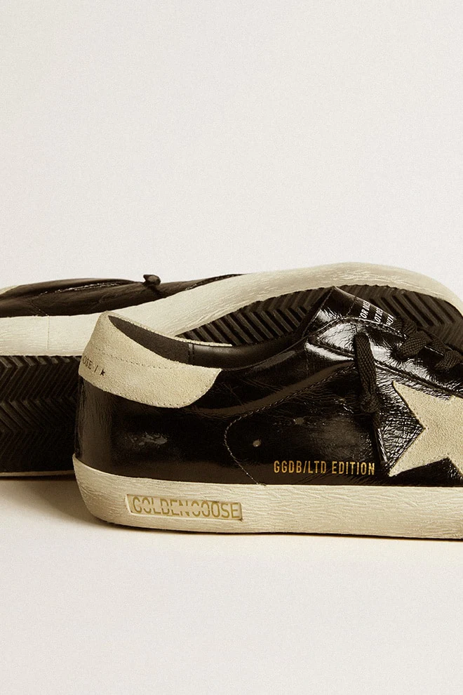 Men | Super-Star Black Patent Leather with Suede Star & Heel Tab | Black x Beige - Image 6