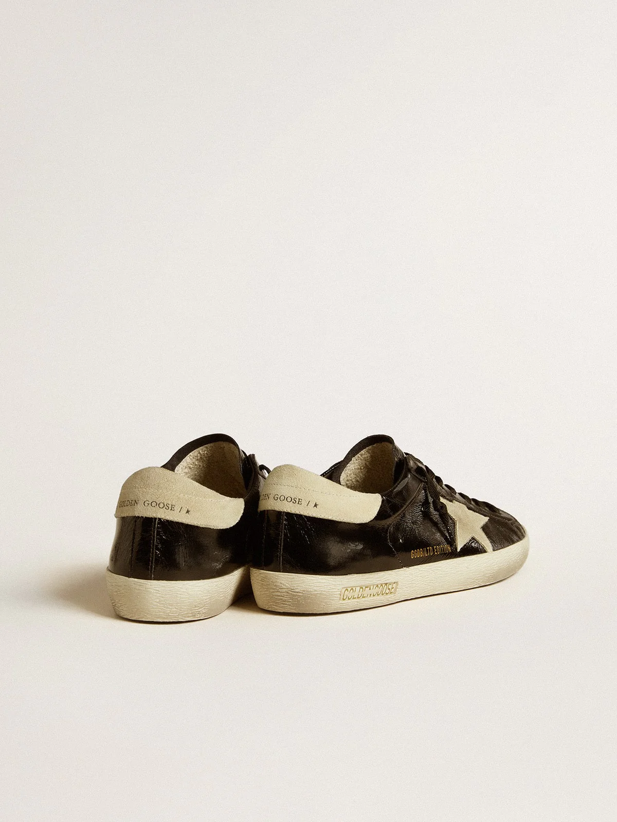 Men | Super-Star Black Patent Leather with Suede Star & Heel Tab | Black x Beige - Image 7