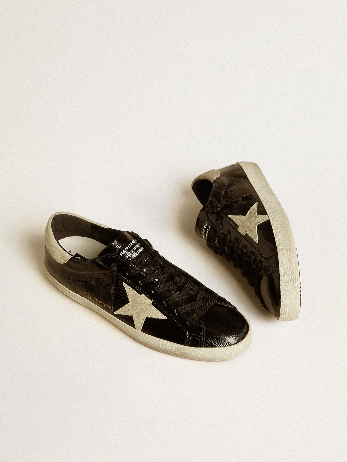 Men | Super-Star Black Patent Leather with Suede Star & Heel Tab | Black x Beige - Image 8