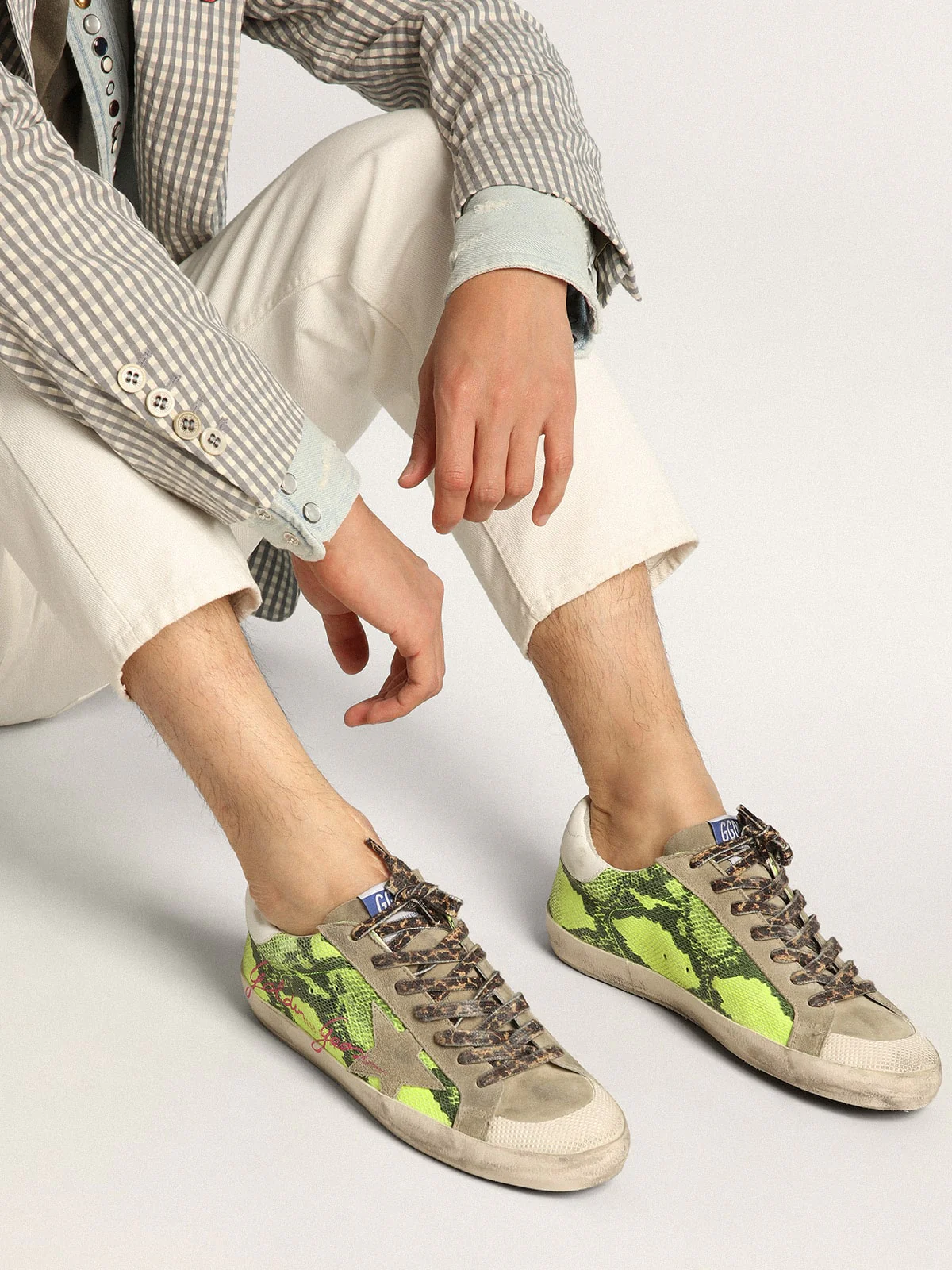 Men | Super-Star Ltd Fluorescent Yellow Suede & Dove Gray Inserts | Yellow Fluo Snake x Taupe x White - Image 8