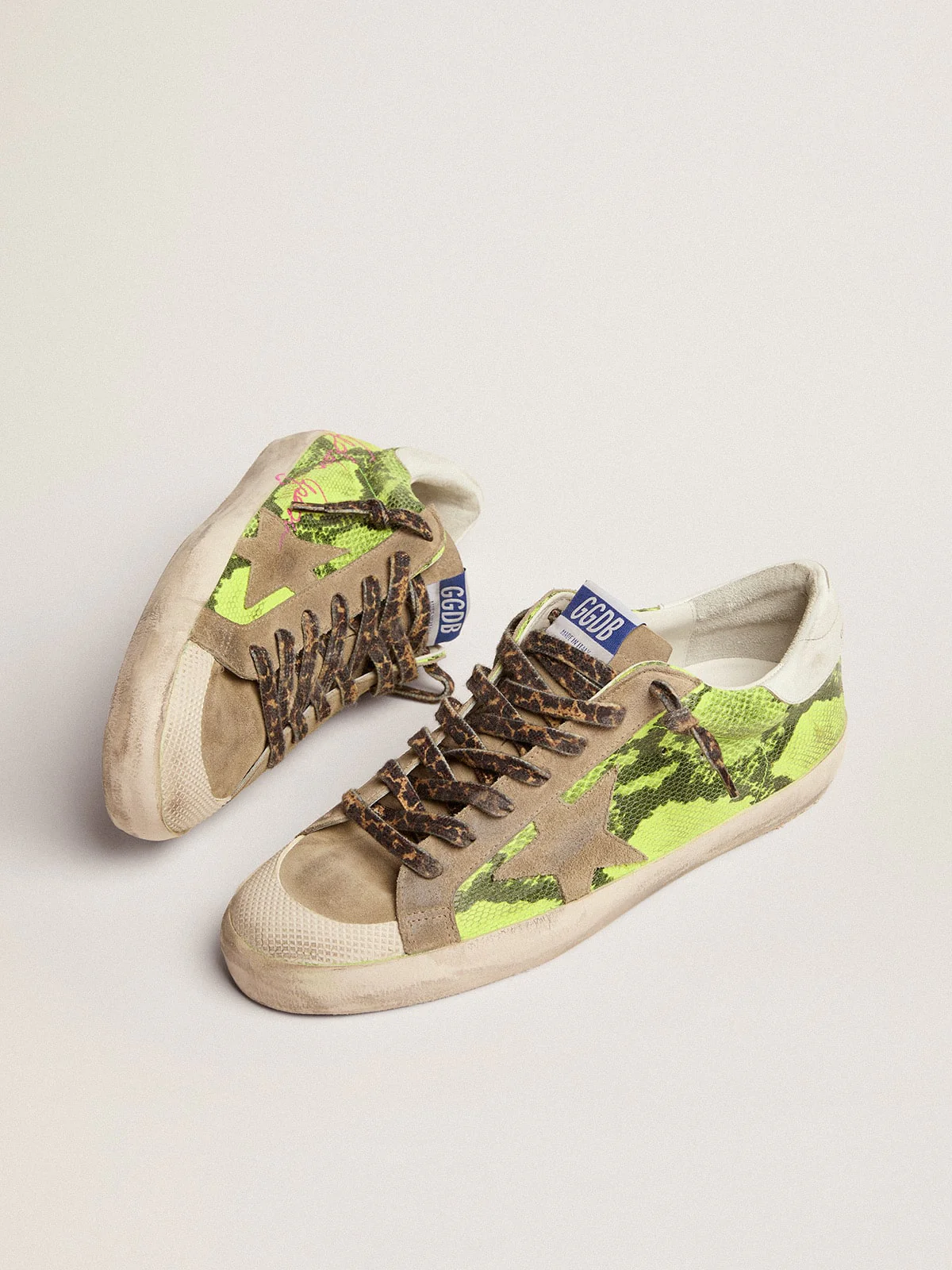 Men | Super-Star Ltd Fluorescent Yellow Suede & Dove Gray Inserts | Yellow Fluo Snake x Taupe x White - Image 9