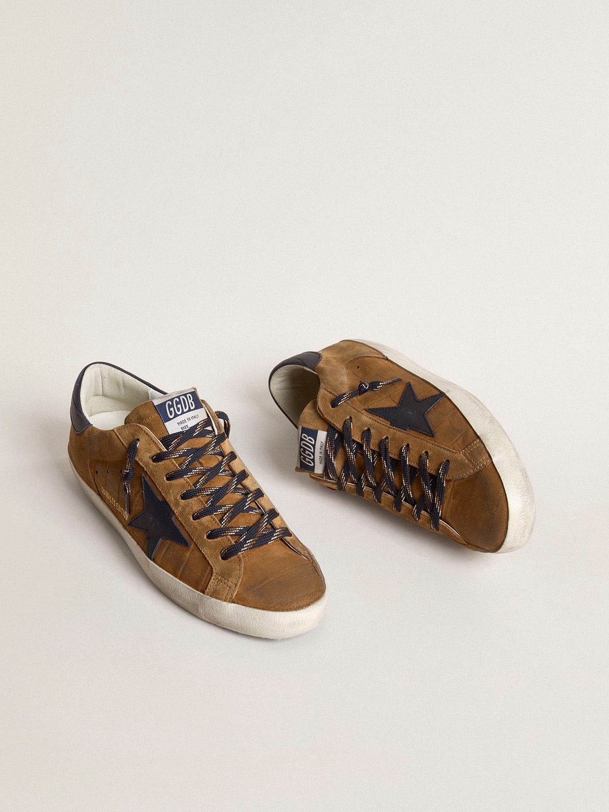 Men | Super-Star Ltd Tobacco-Colored Croc-Print Leather with Midnight Blue Leather Star & Heel Tab | Cognac x Blue - Image 8