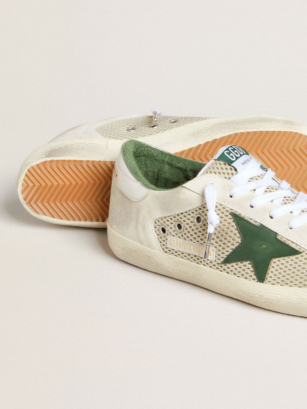 Men | Super-Star Ltd White Suede & Mesh with Green Leather Star & Silver Heel Tab | White x Green x Silver - Image 3