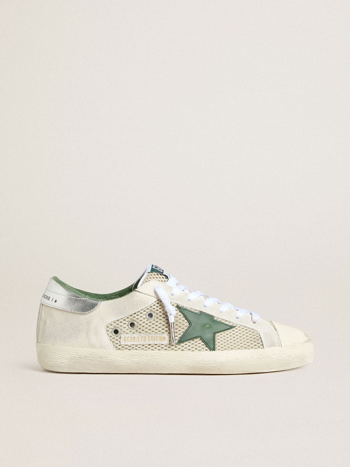 Men | Super-Star Ltd White Suede & Mesh with Green Leather Star & Silver Heel Tab | White x Green x Silver - Image 4