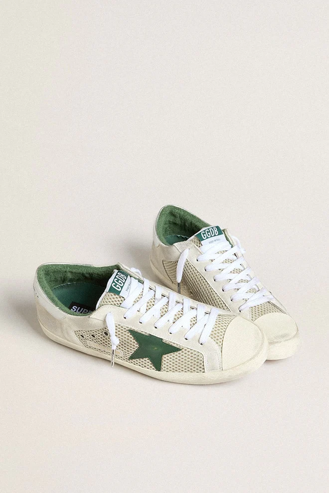 Men | Super-Star Ltd White Suede & Mesh with Green Leather Star & Silver Heel Tab | White x Green x Silver - Image 6