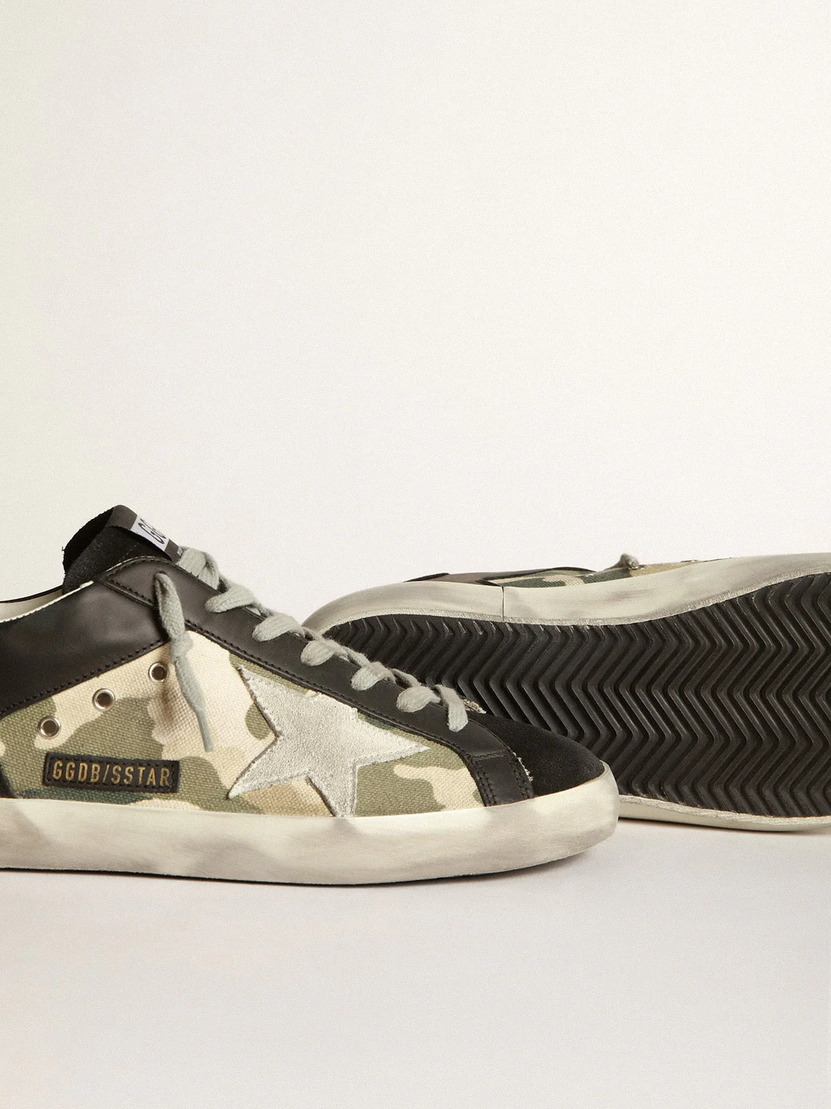 Men | Super-Star Sneakers Black Leather & Camouflage Canvas | Black x Green Camouflage x Ice - Image 4