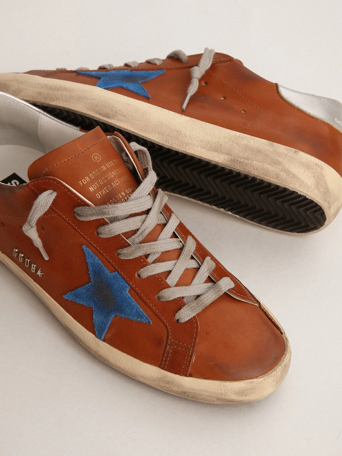 Men | Super-Star Sneakers Brown Leather with Blue Star & Grey Heel Tab | Cuoio x Bluette x Silver - Image 3