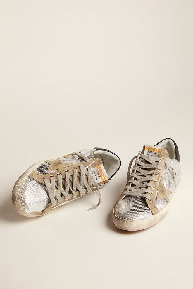 Men | Super-Star Sneakers Laminated Leather with Brown Suede Star & Black Heel Tab | Silver x Taupe x Black - Image 2