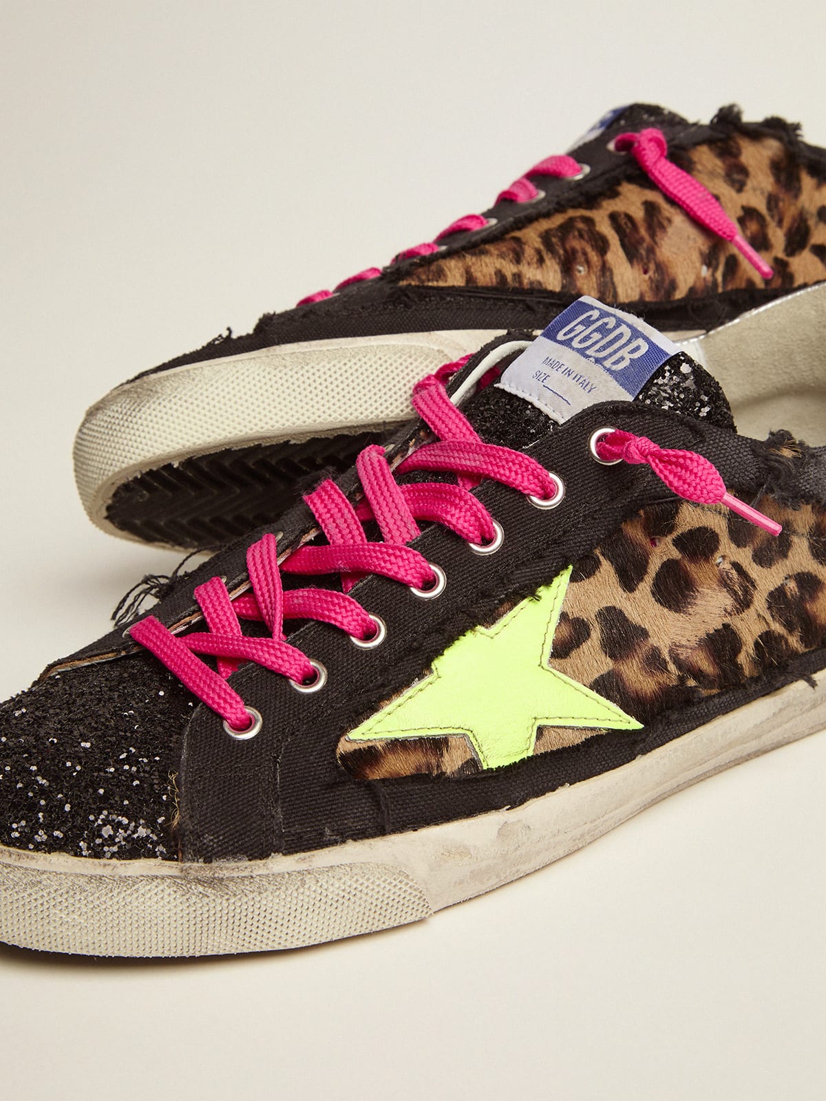Men | Super-Star Sneakers Leopard-Print Pony Skin & Black Canvas | Brown Leo x Black x Fluo Yellow x Silver - Image 6