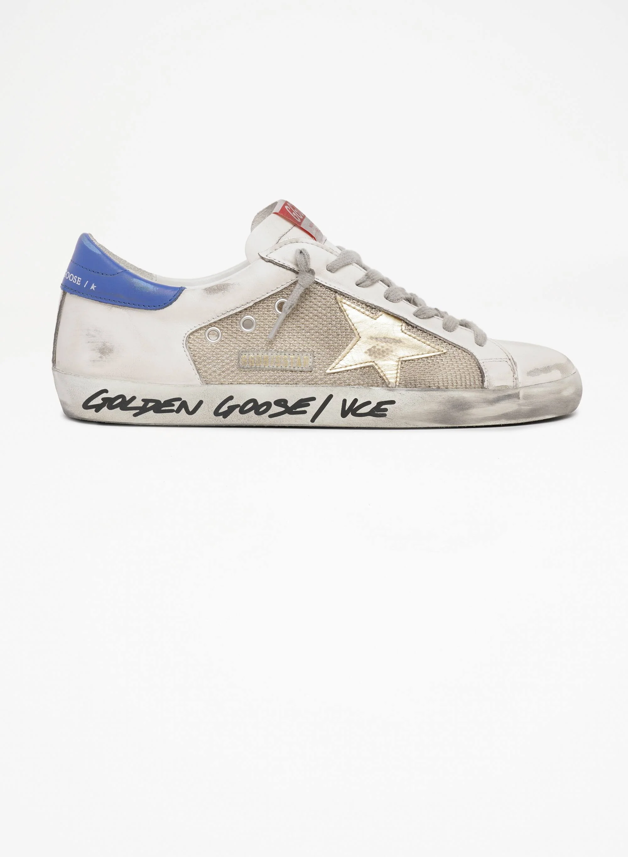 Men | Super-Star Sneakers Net & Leather with Gold Star & Blue Heel Tab | Milk x Gold x Dazzling Blue - Image 4