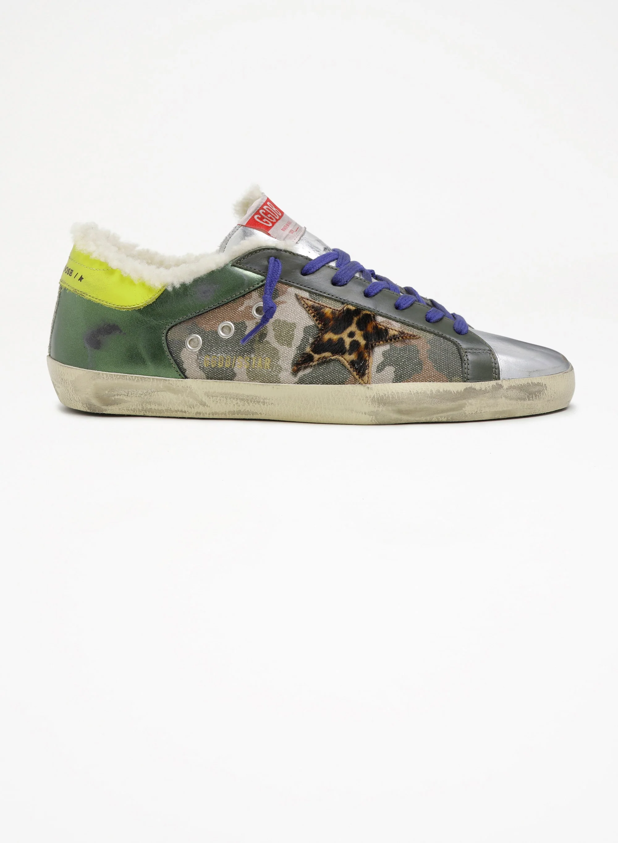 Men | Super-Star Sneakers Platinum Laminated Leather with Black Print | Green Camouflage x Military Green x Silver x Beige Brown Leo x Yellow Sun - Image 5