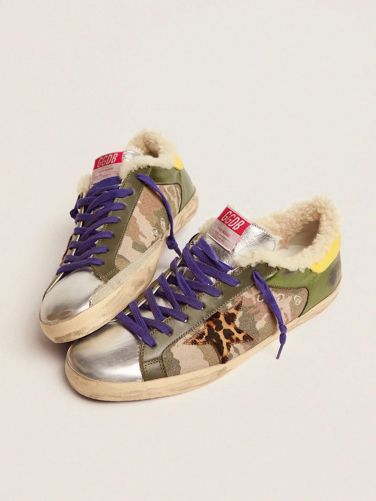Men | Super-Star Sneakers Platinum Laminated Leather with Black Print | Green Camouflage x Military Green x Silver x Beige Brown Leo x Yellow Sun - Image 8
