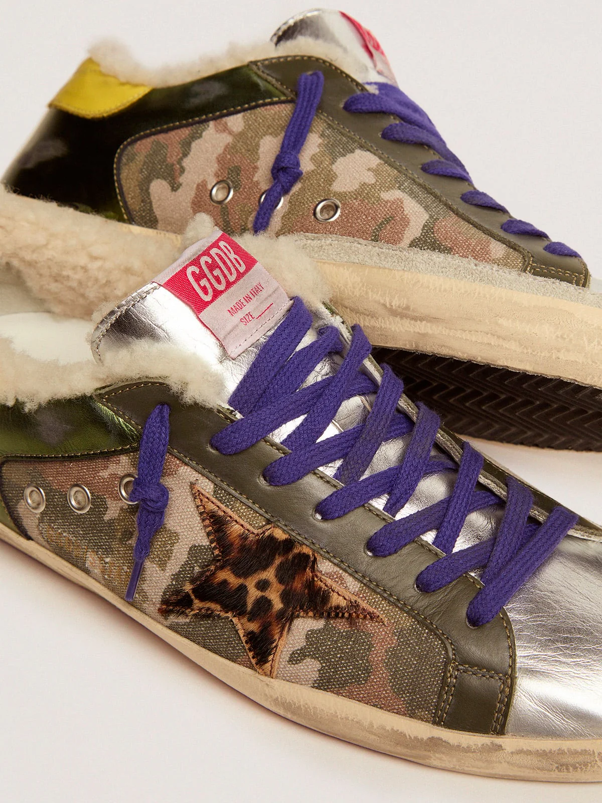 Men | Super-Star Sneakers Platinum Laminated Leather with Black Print | Green Camouflage x Military Green x Silver x Beige Brown Leo x Yellow Sun - Image 9