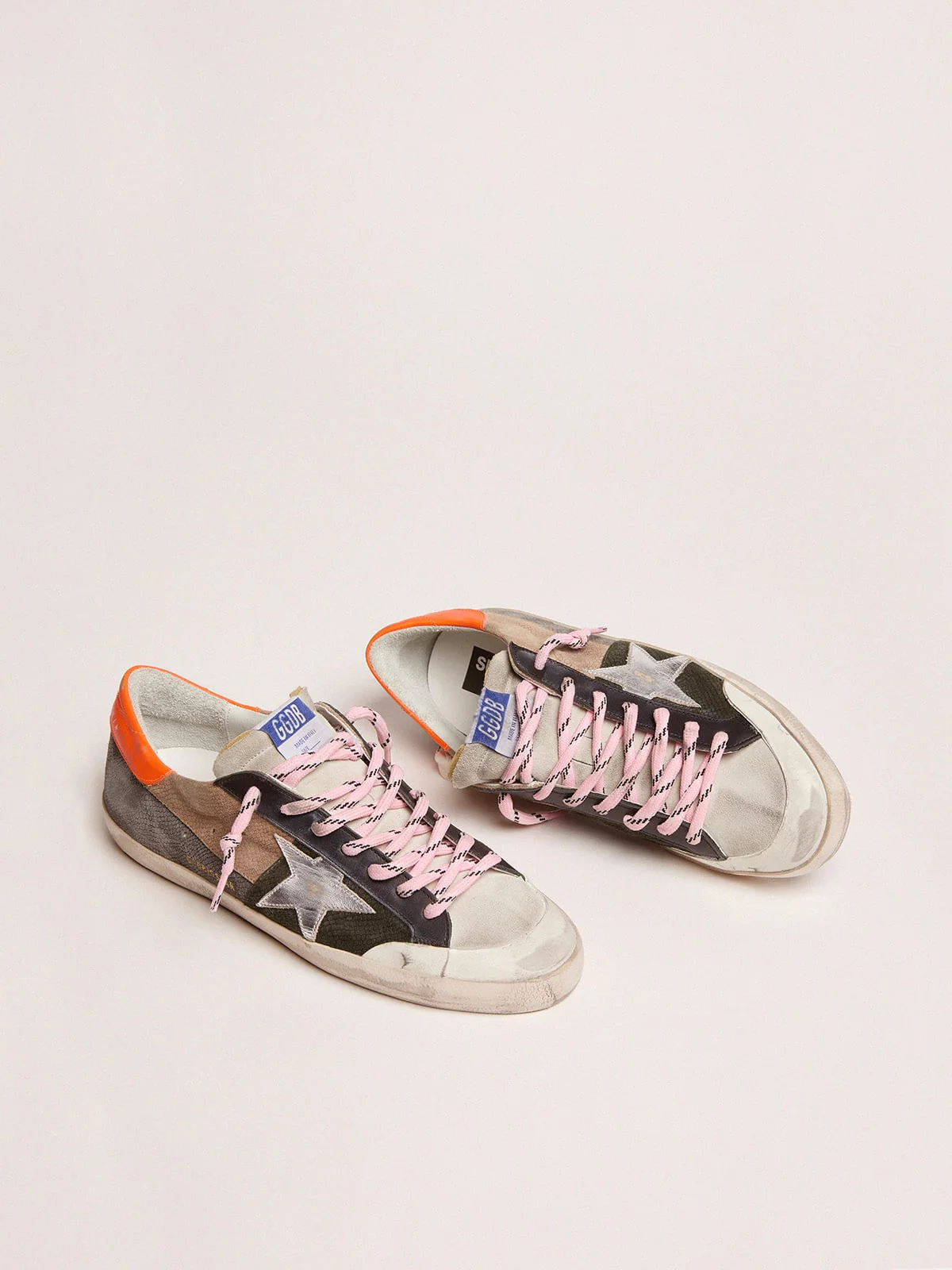 Men | Super-Star Sneakers Snake-Print Suede with Fluorescent Orange Leather Heel Tab | Military Green x Beige x Dark Grey x Ice x Silver x Orange Fluo - Image 6