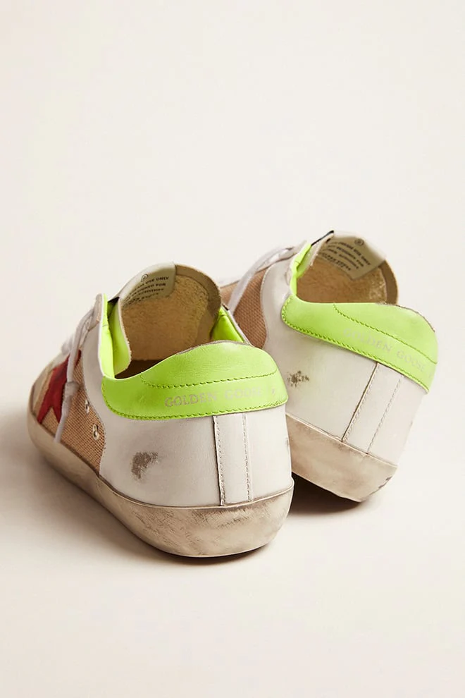 Men | Super-Star Sneakers White & Gold Leather with Burgundy Suede Star & Lime Leather Heel Tab | Milk White x Red x Yellow Fluo - Image 3