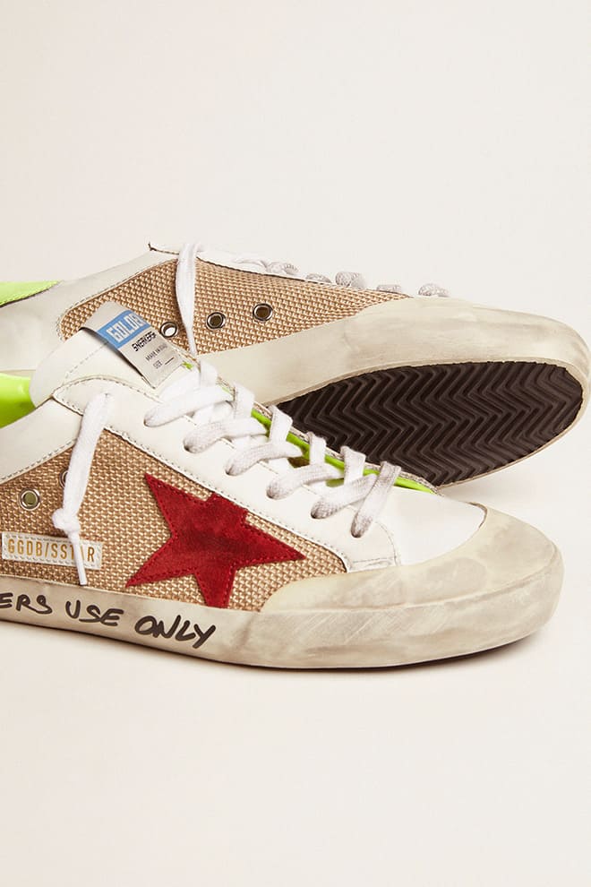 Men | Super-Star Sneakers White & Gold Leather with Burgundy Suede Star & Lime Leather Heel Tab | Milk White x Red x Yellow Fluo - Image 5