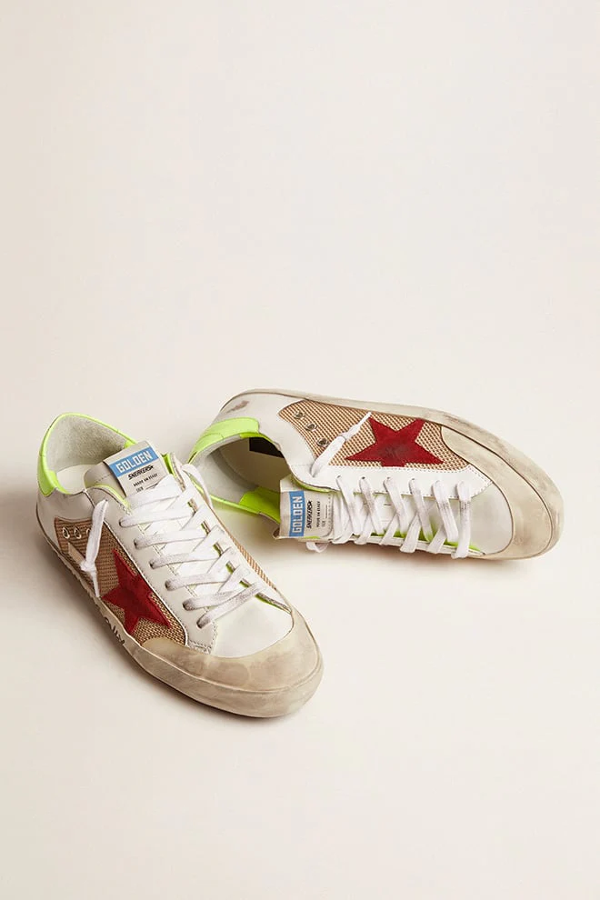 Men | Super-Star Sneakers White & Gold Leather with Burgundy Suede Star & Lime Leather Heel Tab | Milk White x Red x Yellow Fluo - Image 7