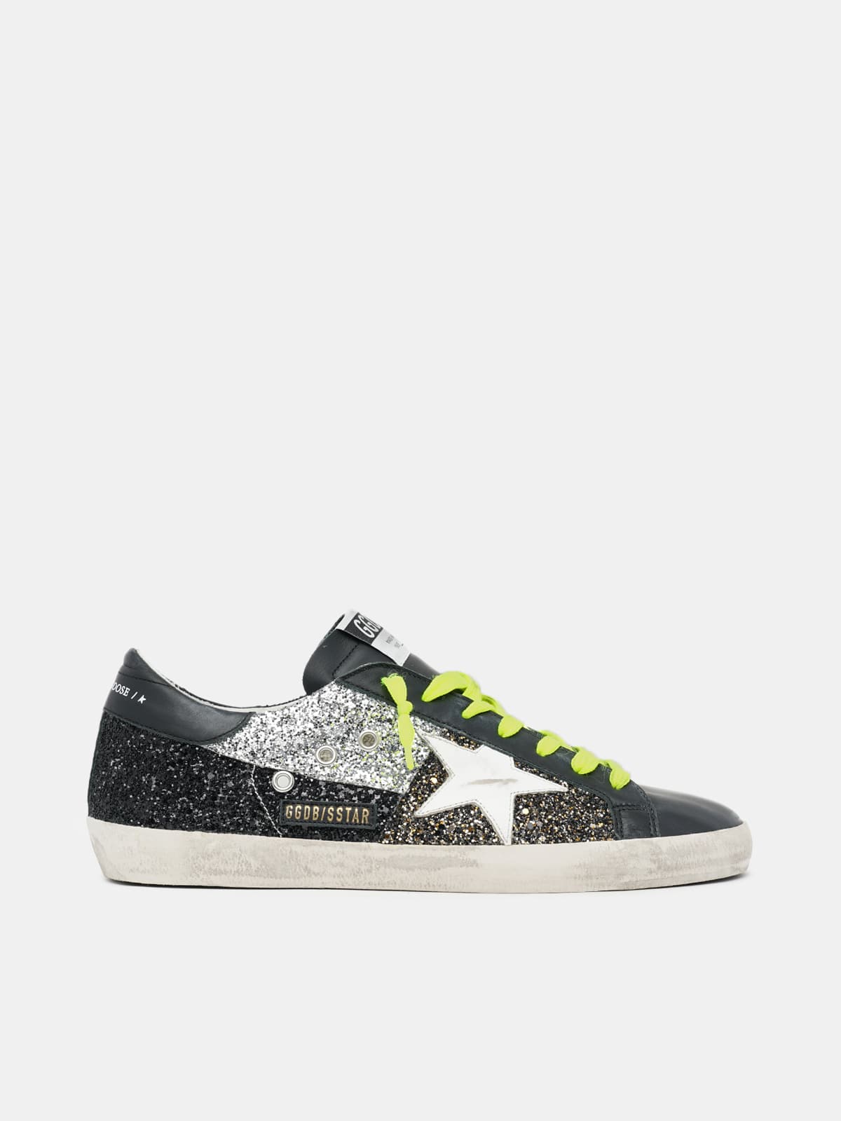 Men | Super-Star Sneakers with Gold, Silver & Black Glitter Inserts | Black x Black Gold x Silver x White - Image 4