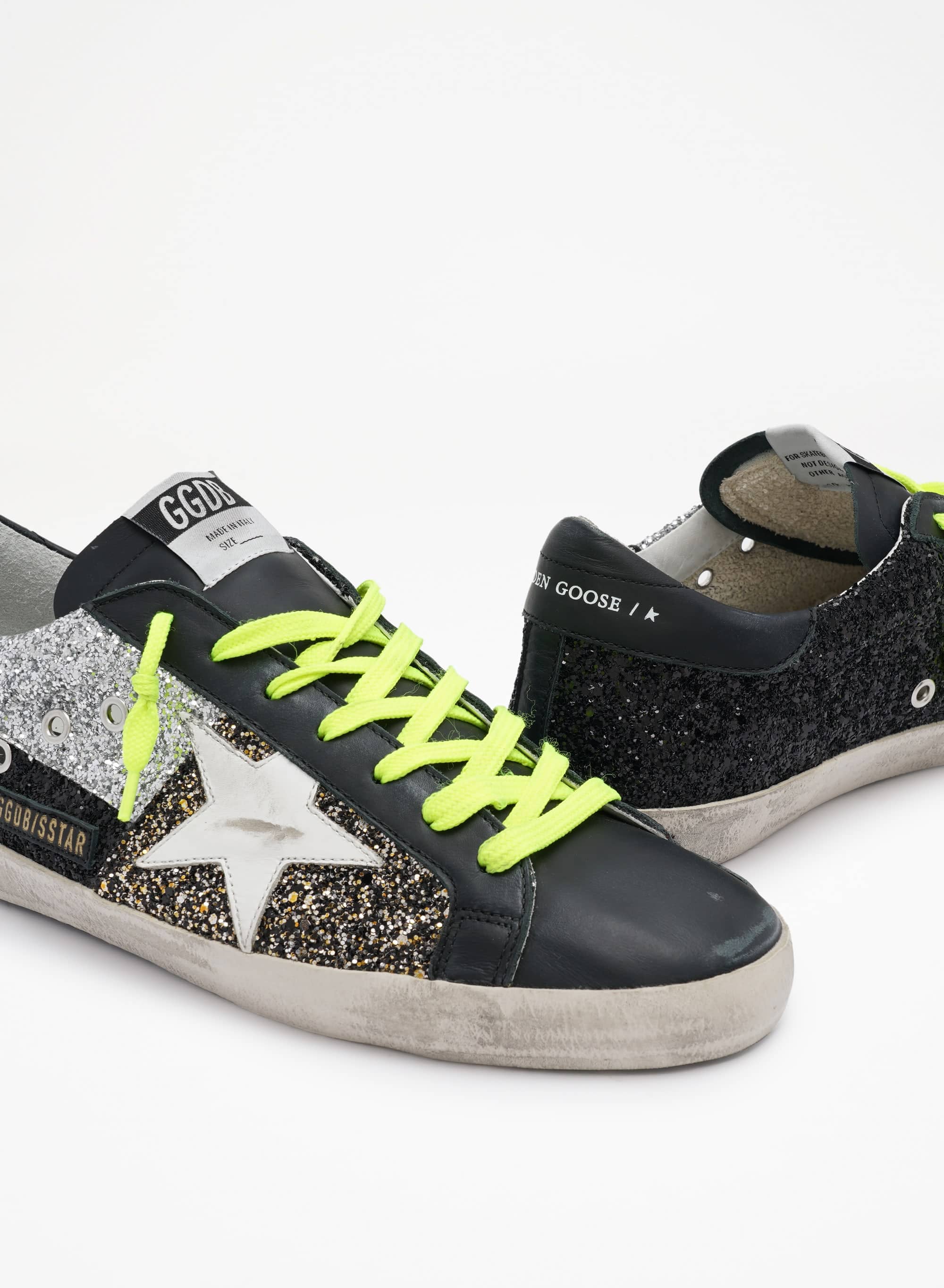 Men | Super-Star Sneakers with Gold, Silver & Black Glitter Inserts | Black x Black Gold x Silver x White - Image 5